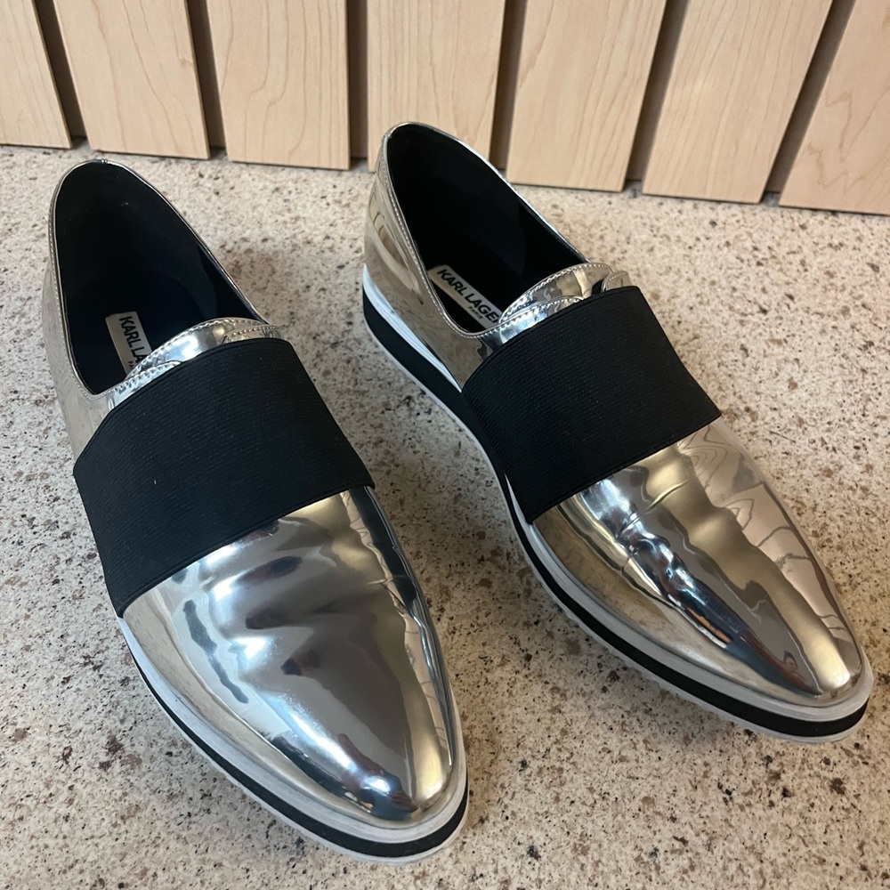 Karl Lagerfeld Silver Metallic Slip-On Loafers with Black Elastic Band